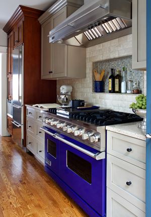 kitchen with navy blue vintage stove and oven