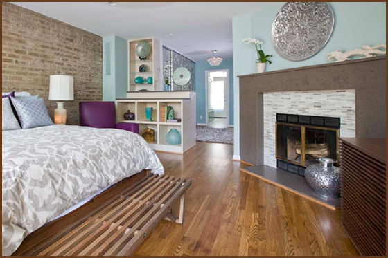 remodeled master bedroom with fire place