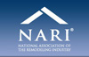 white NARI logo on blue background