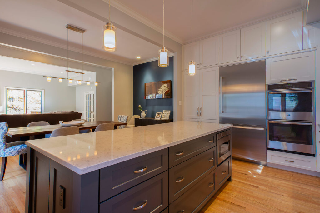 A transitional kitchen with crisp cabinetry 