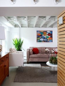 white living room with a light wood accent wall
