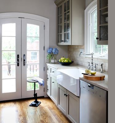 French doors in bright white kitchen