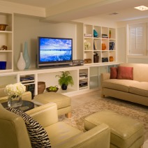 updated living room with custom built in shelving