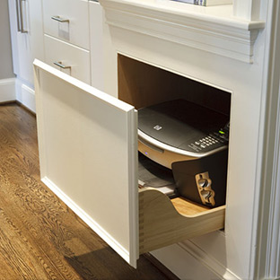 printer hidden in a custom built drawer