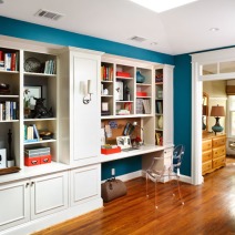 built-in shelves with bright blue walls