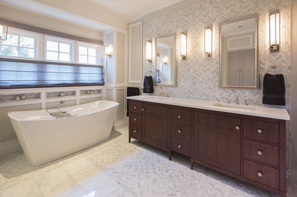 white master bathroom with white herringbone tile