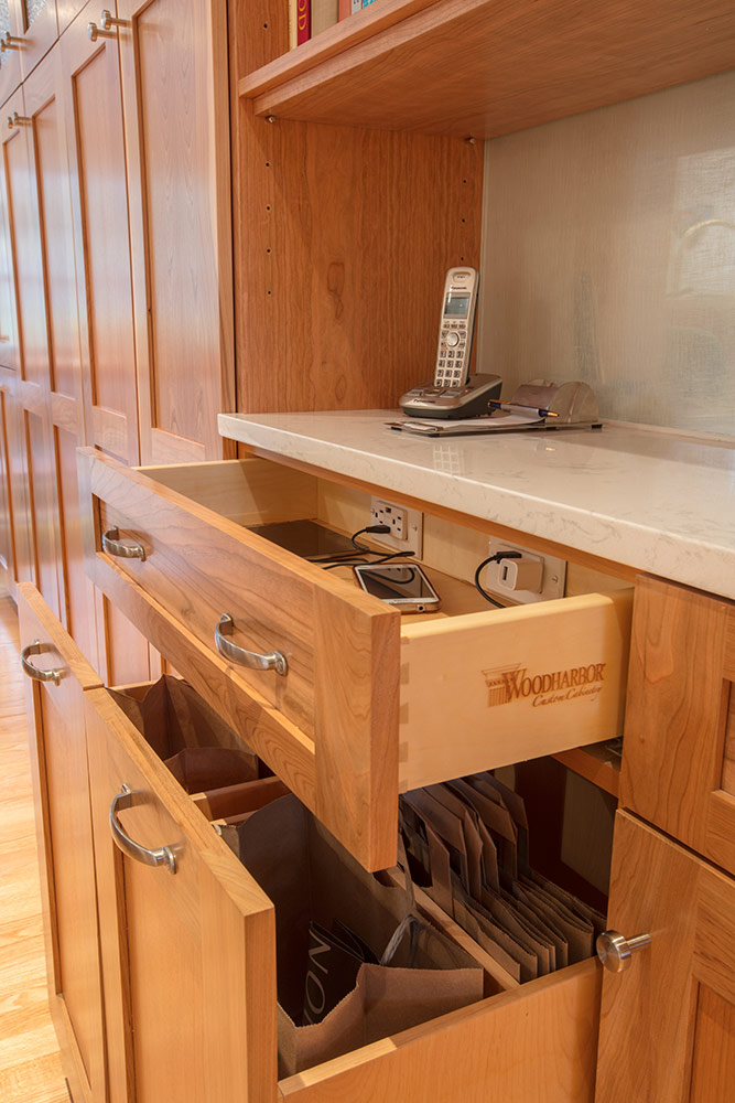 custom drawers with built in electrical outlets