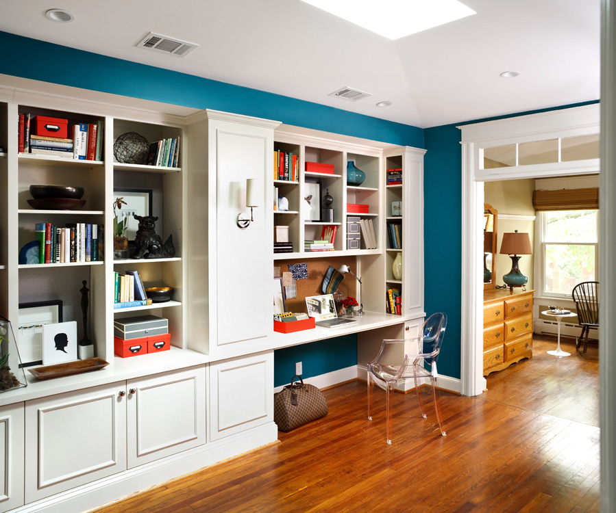 built-in shelves with bright blue walls
