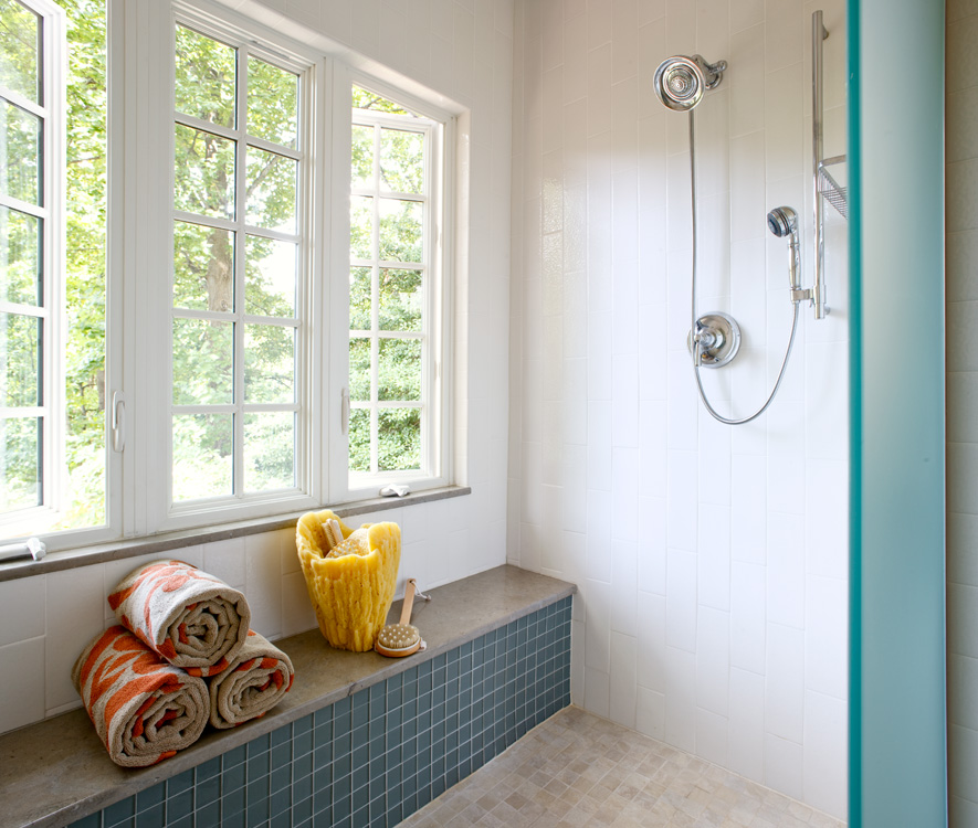 updated blue and tan shower by Wentworth studio